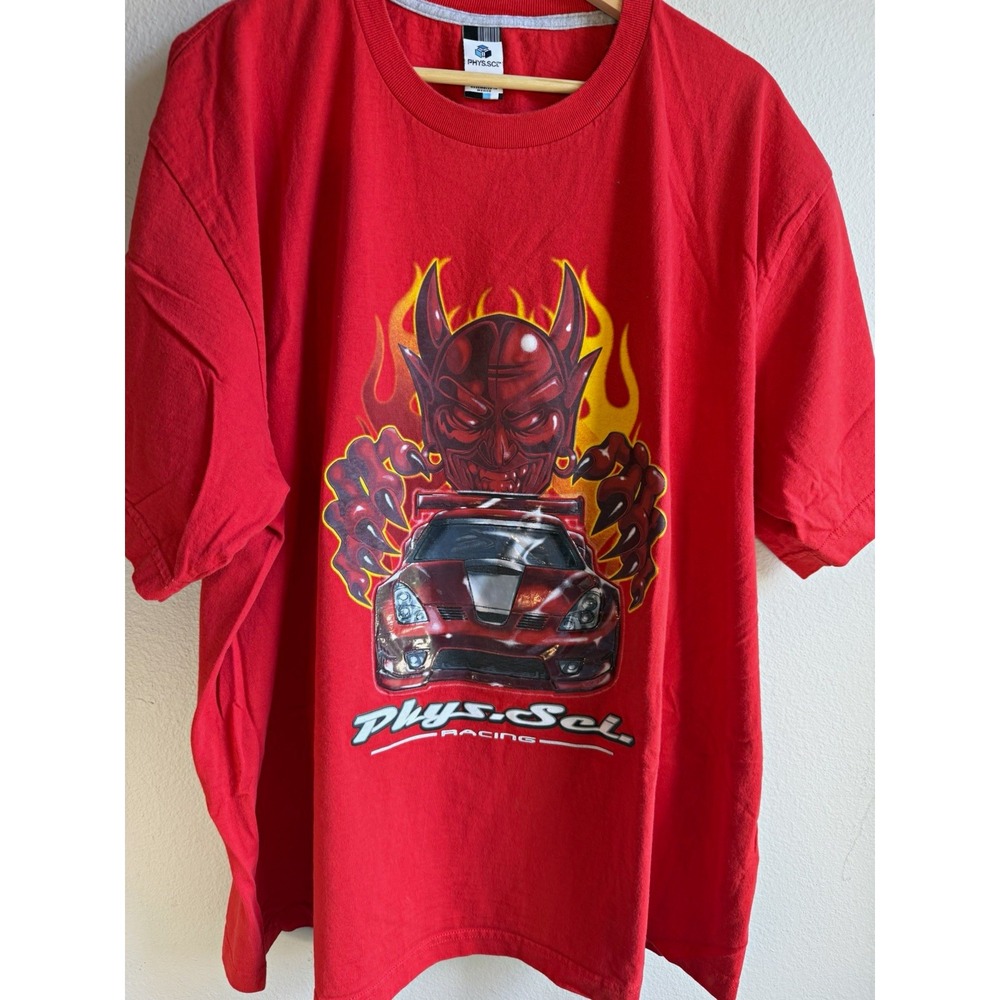PHYS.SCI Mens 2XL Red Racing Cars Devil Graphic Tee Crew Neck 100% Cotton Y2K